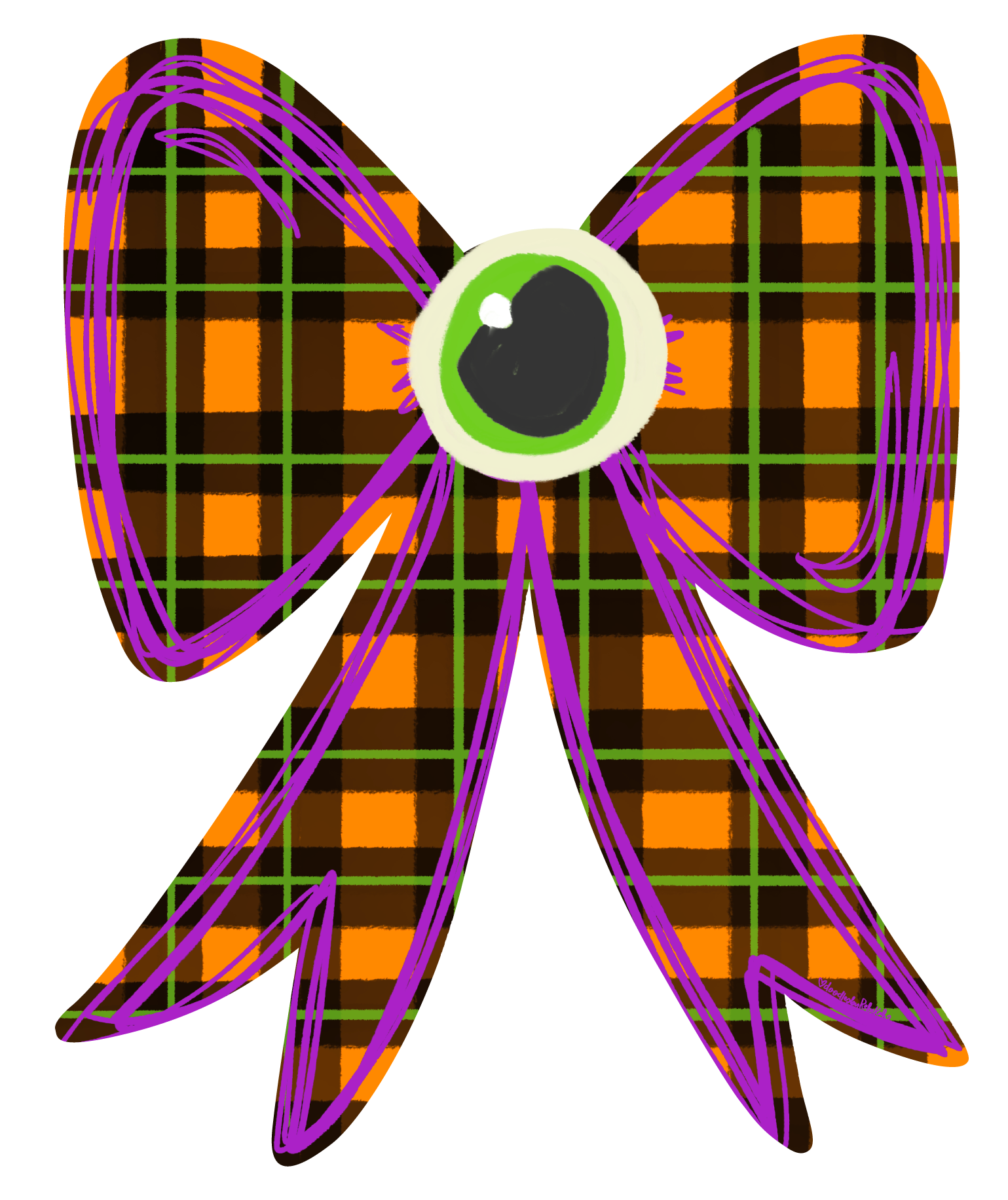 DOODLES BY REBEKAH PURPLE ORANGE BLACK BOW WITH EYEBALL IN THE MIDDLE