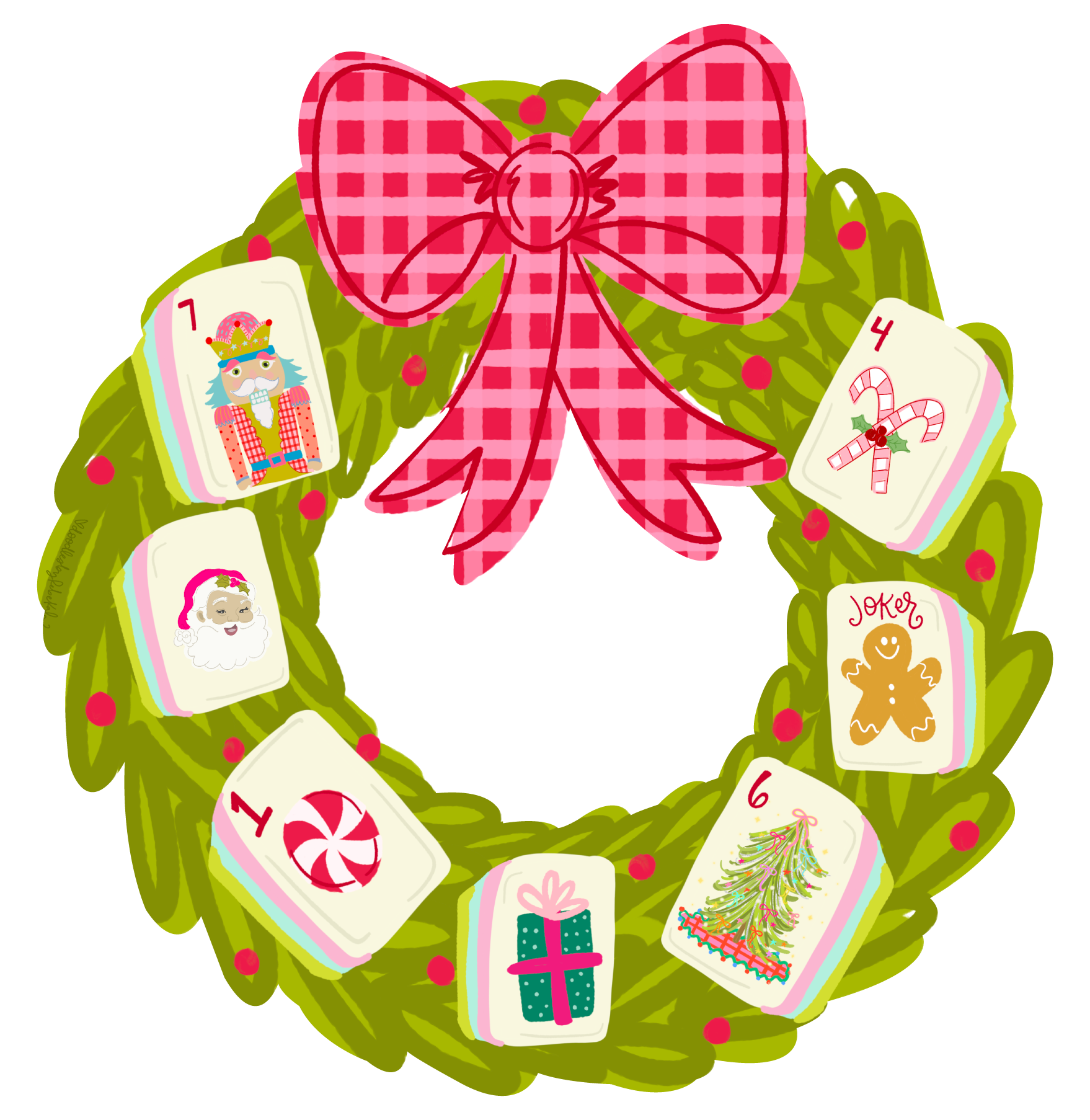 DOODLES BY REBEKAH GREEN WREATH WITH PINK BOW CARDS