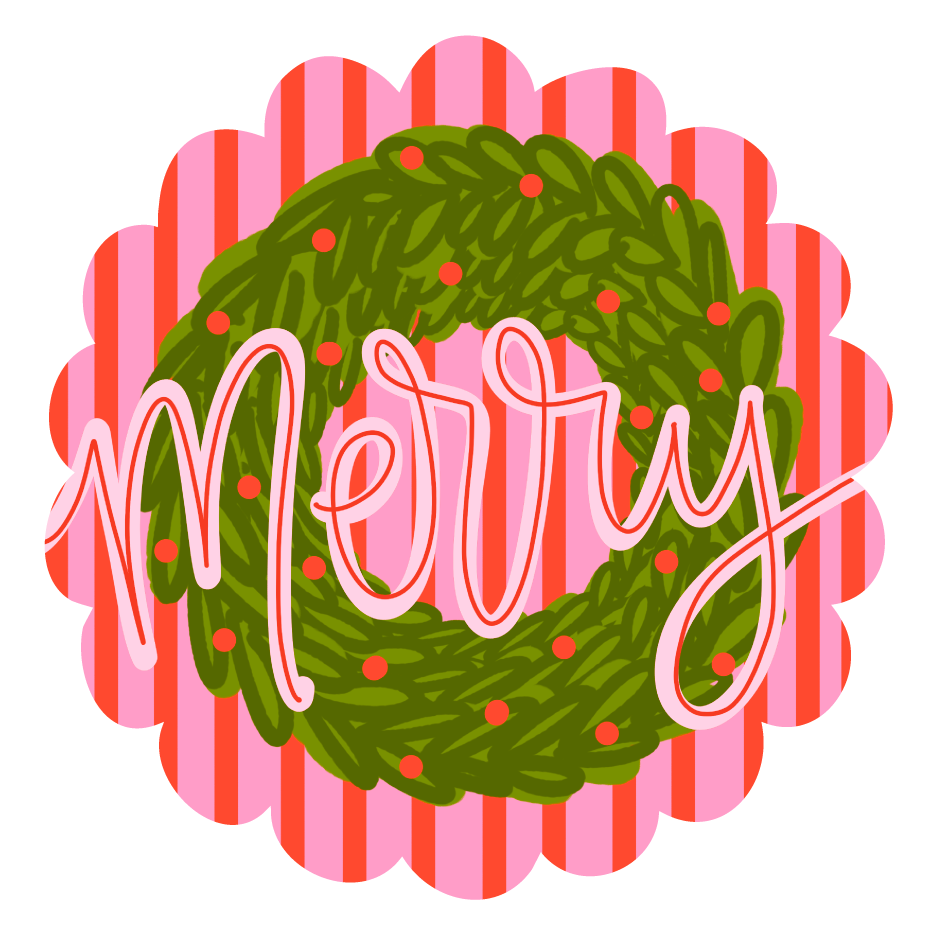DOODLES BY REBEKAH PINK RED GREEN ROUND MERRY