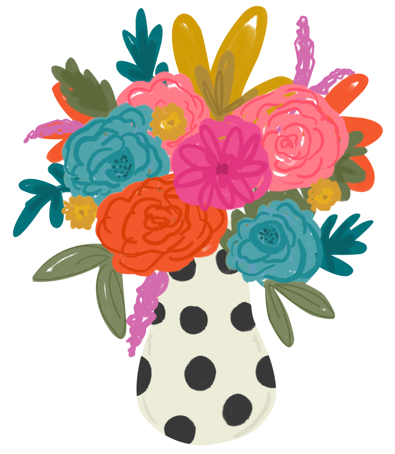 DOODLES BY REBEKAH WHITE FLOWER POT WITH BLACK DOTS COLORFUL FLOWERS