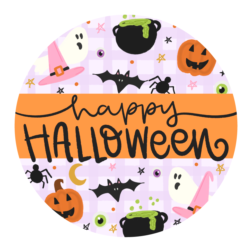 DOODLES BY REBEKAH ROUND PINK ORANGE HAPPY HALLOWEEN PUMPKINS, GHOST, BATS