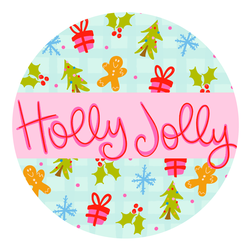 DOODLES BY REBEKAH ROUND HOLLY JOLLY PINK LIGHT BLUE CHRISTMAS TREE GINGERBRAD MAN