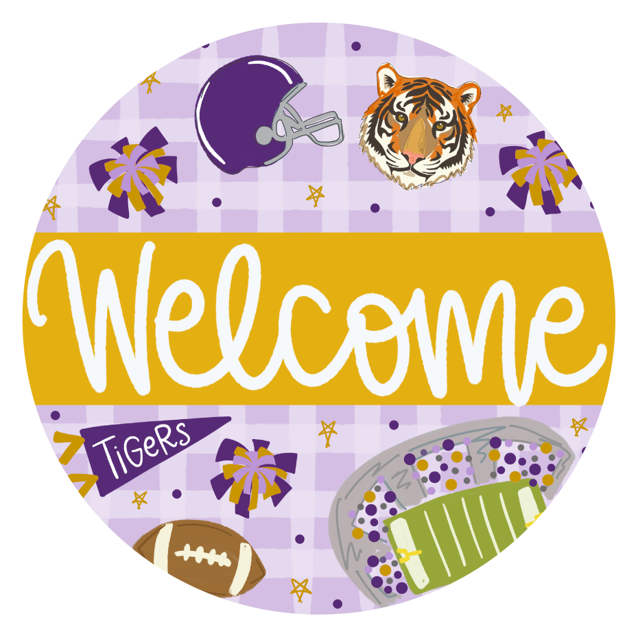 DOODLES BY REBEKAH ROUND PURPLE GOLD WELCOME FOOTBALL TIGER