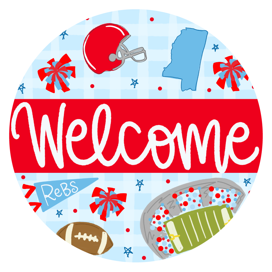 DOODLES BY REBEKAH ROUND ROUND BLUE RED WELCOME FOOTBALL TIGER