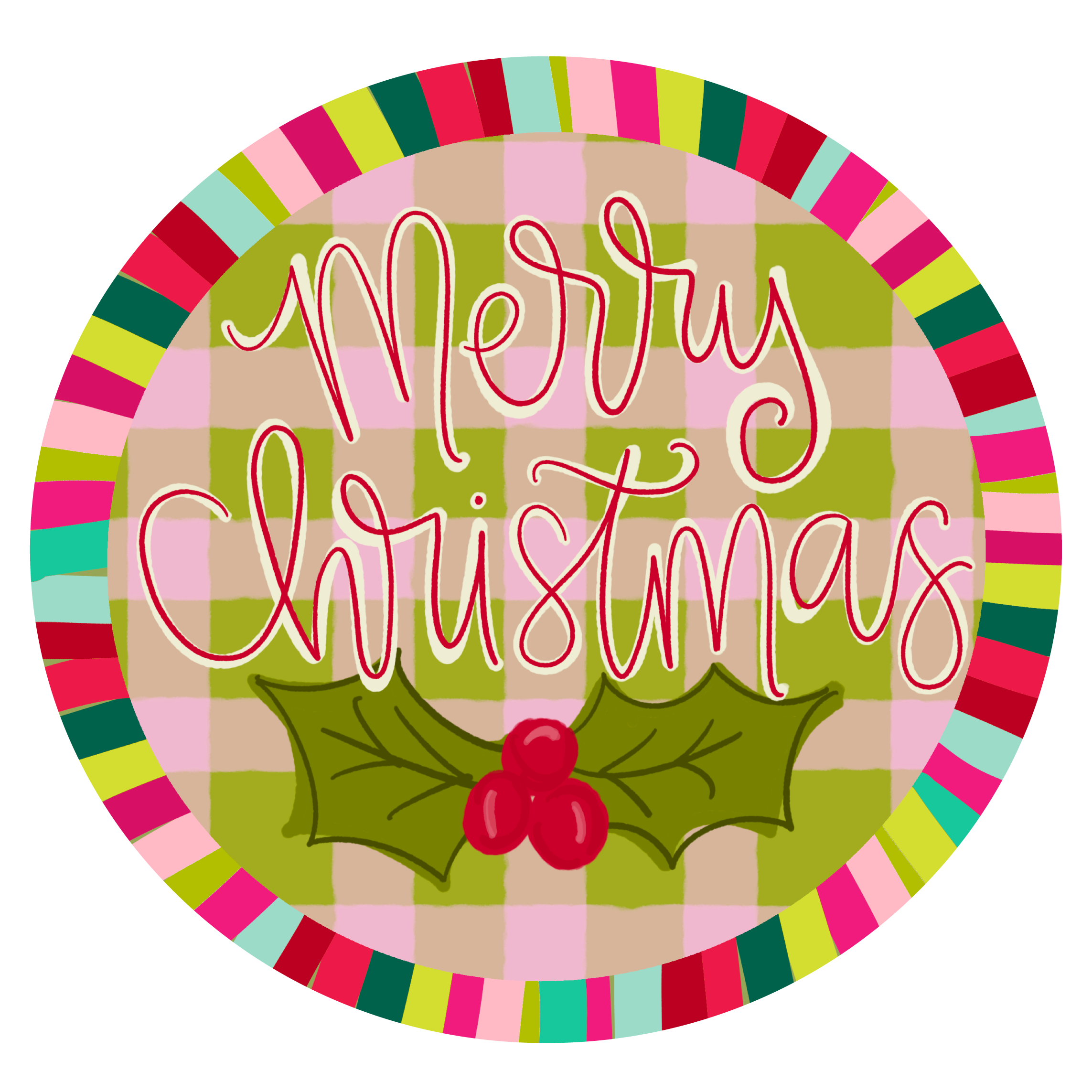 DOODLES BY REBEKAH  ROUND MERRY CHRISTMAS WITH HOLLY LEAVES