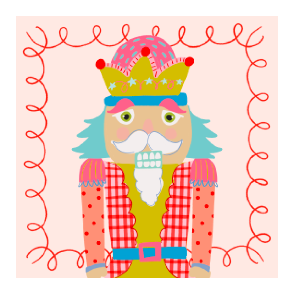 DOODLES BY REBEKAH PINK BACKGROUND COLORFUL NUT CRACKER BLUE HAIR