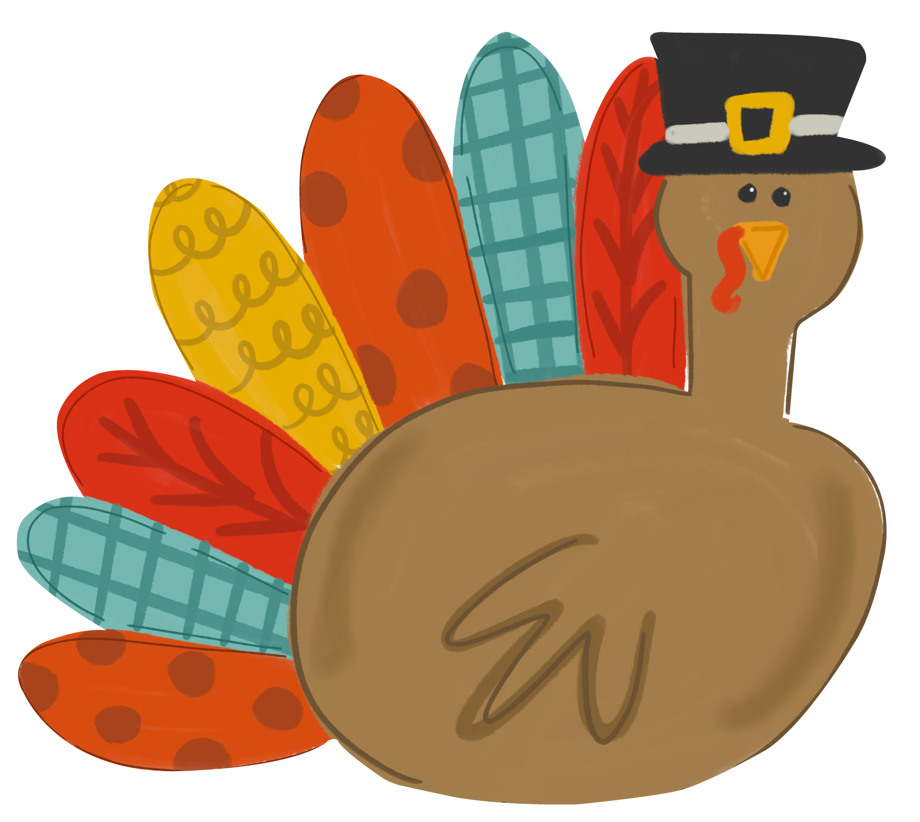 DOODLES BY REBEKAH BROWN TURKEY BLACK HAT RED YELLOW AND TEAL FEATHERS