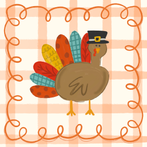 DOODLES BY REBEKAH COLORFUL TURKEY  WITH ORANGE AND WHITE PATTERN