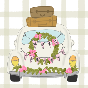 DOODLES BY REBEKAH WHITE CAR JUST MARRIED BROWN SUIT CASES