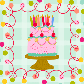 DOODLES BY REBEKAH GREEN WITH COLORFULL DOTS AND PINK BIRTHDAY CAKE