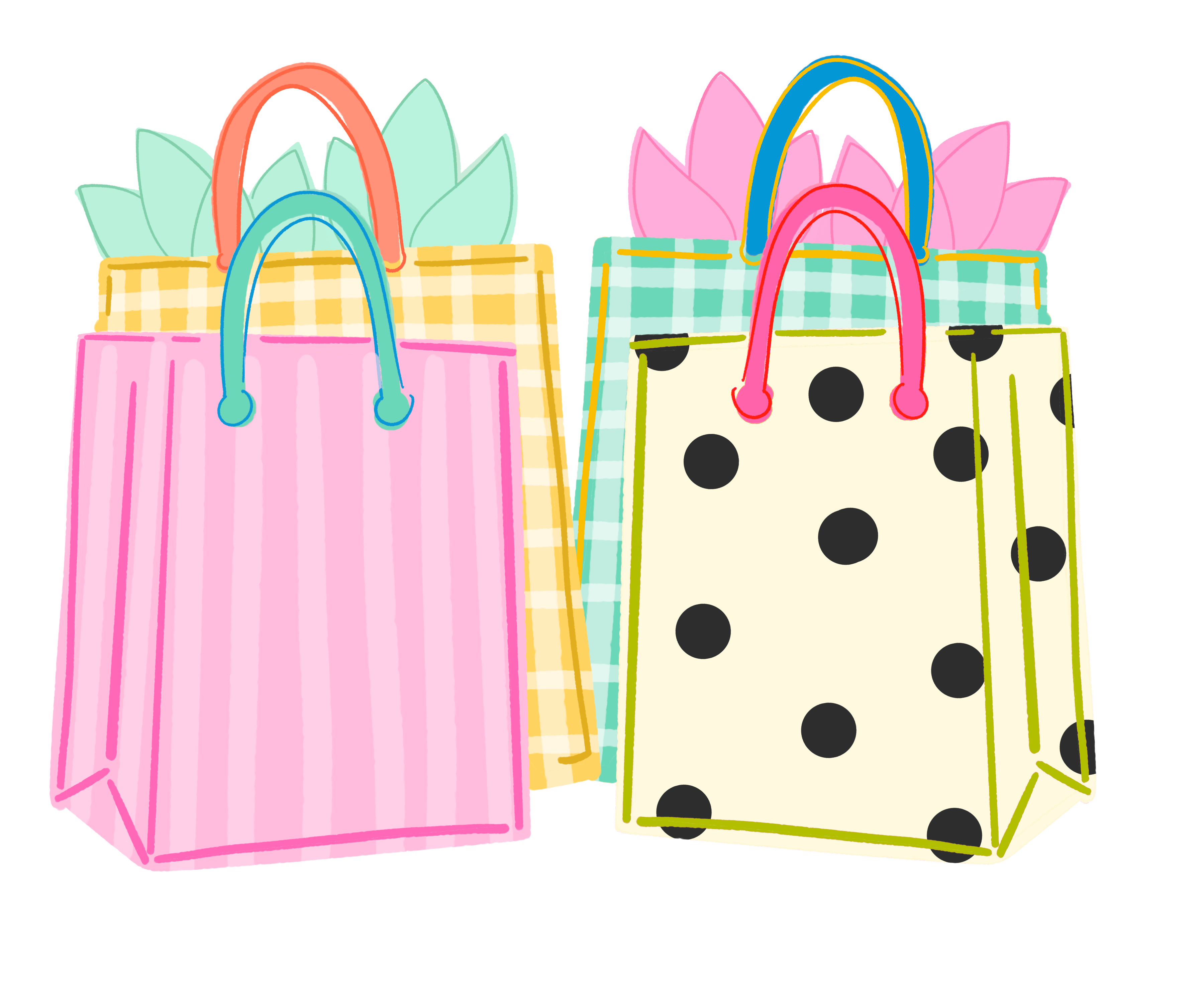 DOODLES BY REBEKAH PINK STRIP YELLOW WITH BLACK DOTS SHOPPING BAGS