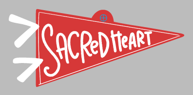 DOODLES BY REBEKAH IN TRIANGLE PENNANT FLAG RED WITH WHITE LETTERS SACREDHEART