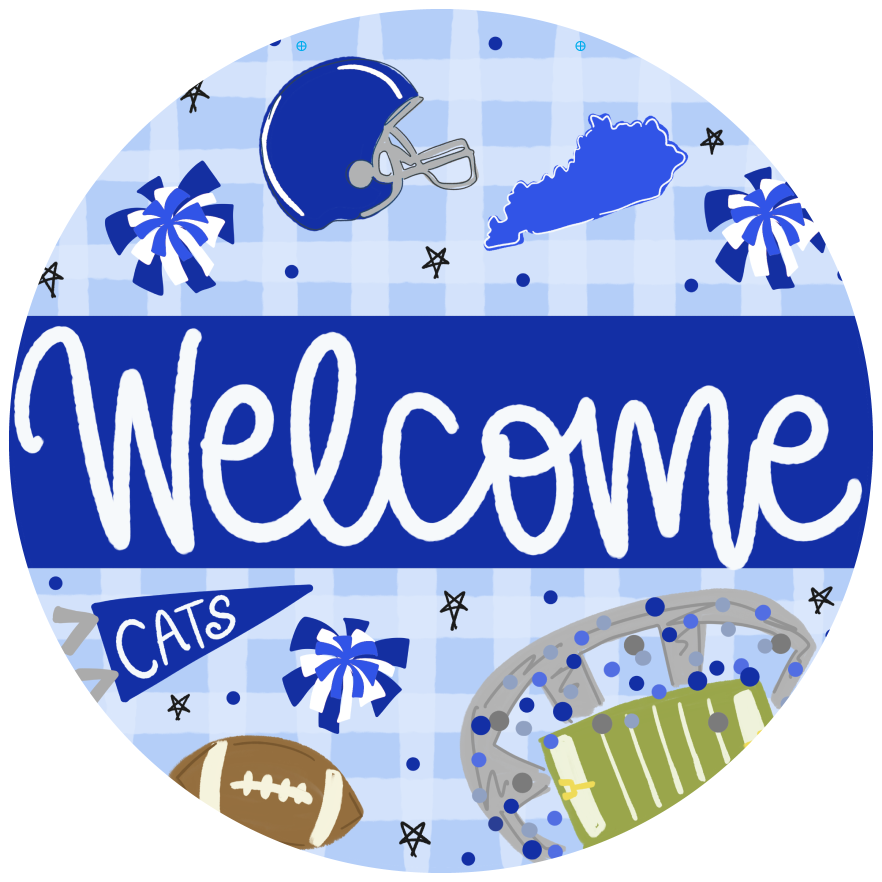 DOODLES BY REBEKAH ROUND BLUE WELCOME WIHT FOOTBALL CATS KENTUCKY