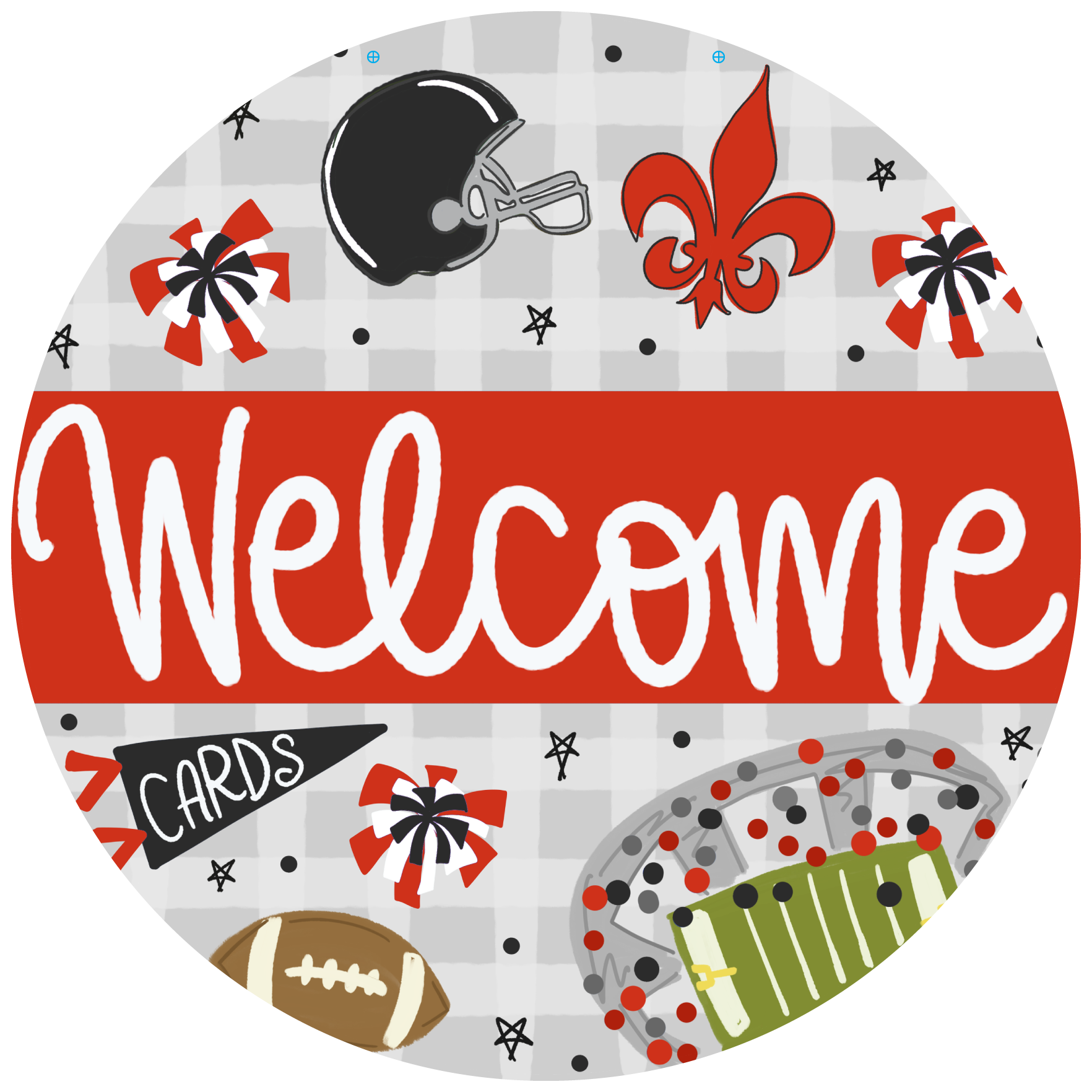 DOODLES BY REBEKAH ROUND GREY AND RED WELCOME FOOTBALL CARDS
