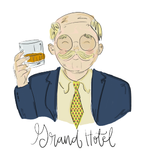 DOODLES BY REBEKAH MAN HOLDING GLASS OF WHISKEY BLUE BLAZER YELLOW SHIRT GRAND HOTEL