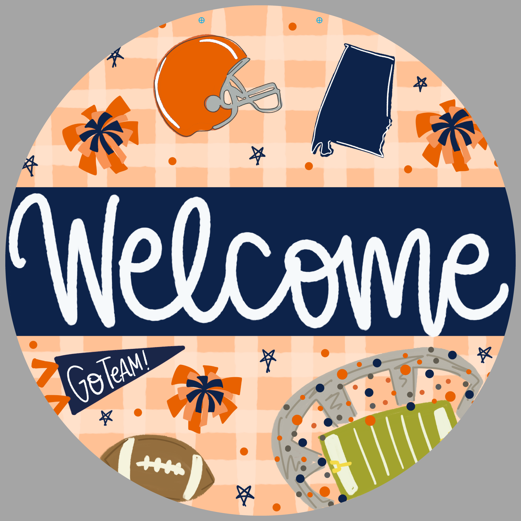 DOODLES BY REBEKAH ROUND ORANGE BLUE WELCOME