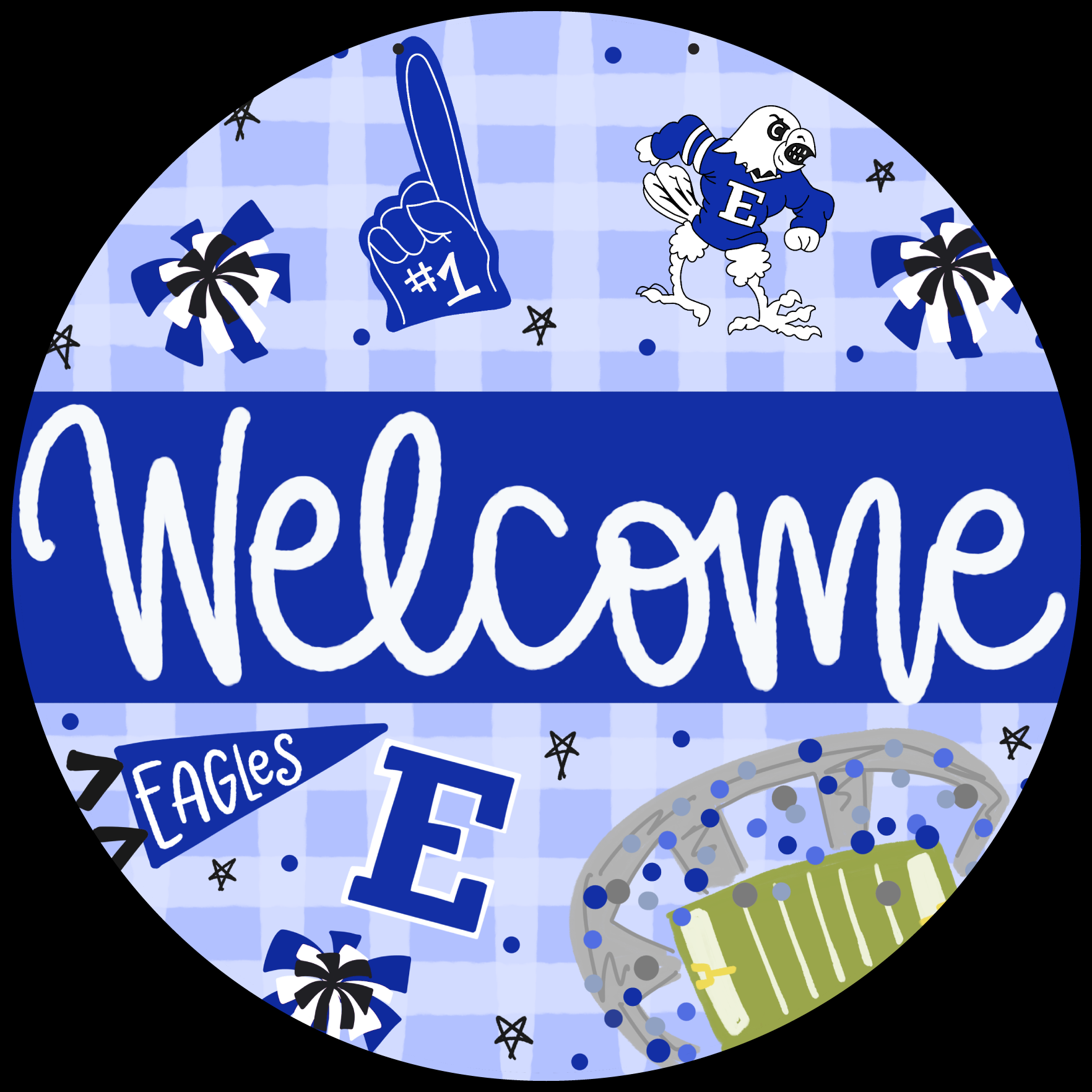 DOODLES BY REBEKAH ROUND BLUE AND WHITE EAGLES WELCOME