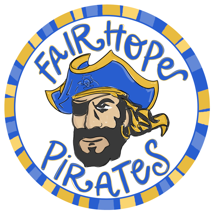 DOODLES BY REBEKAH ROUND BLUE AND YELLOW WITH PIRATE IN THE MIDDLE FAIRHOPES PIRATES