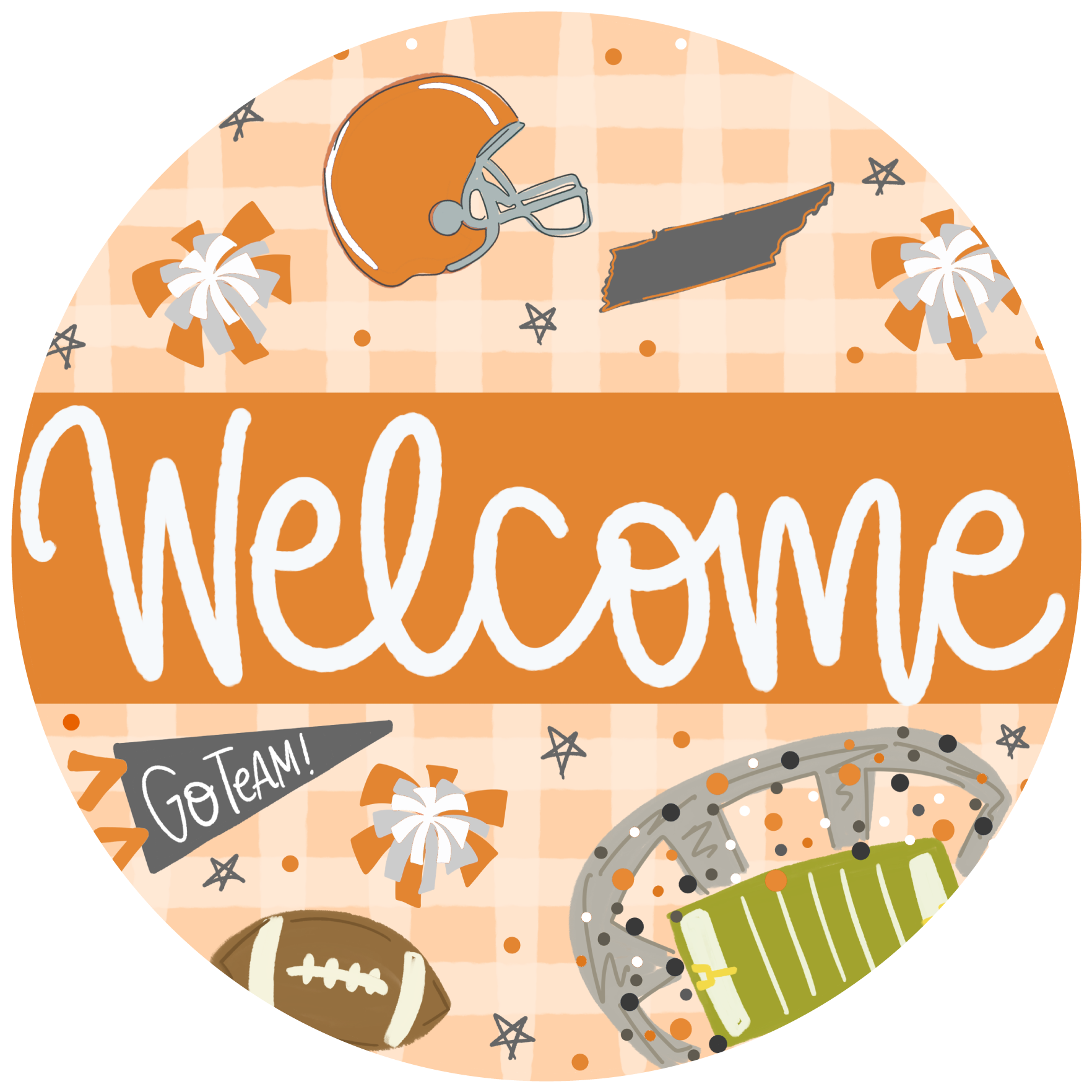 DOODLES BY REBEKAH ROUND ORANGE WITH WHITE WELCOME ORANGE HELMENT FOOTBALL GO TEAM