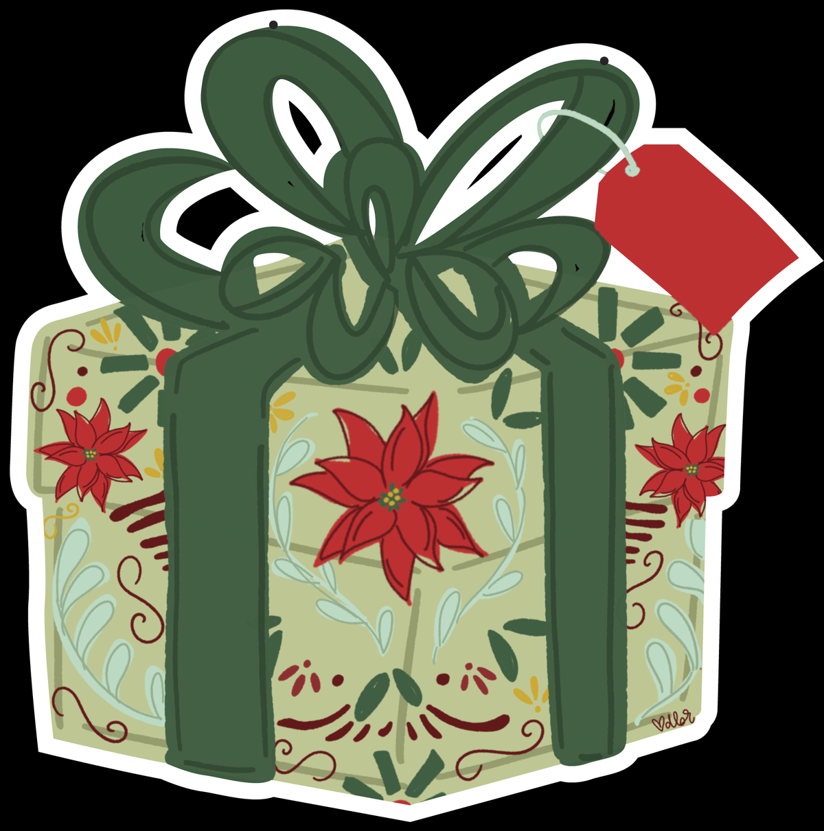 DOODLES BY REBEKAH  GREEN PRESENT WITH POINSETTIAS ON THE SIDE WITH GREEN BOW