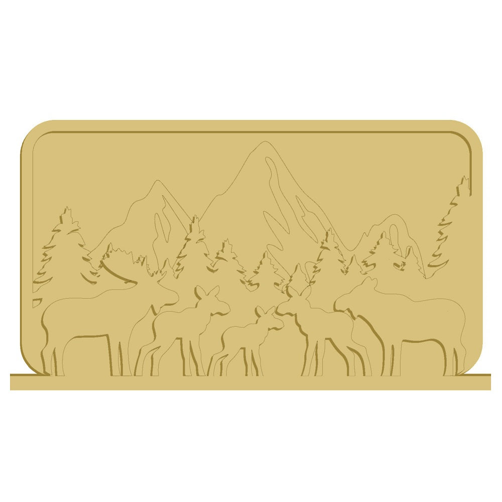 3D Rectangle MDF Cutout Moose Family Scene With Mountain Backdrop And Pine Trees - Unfinished For DIY