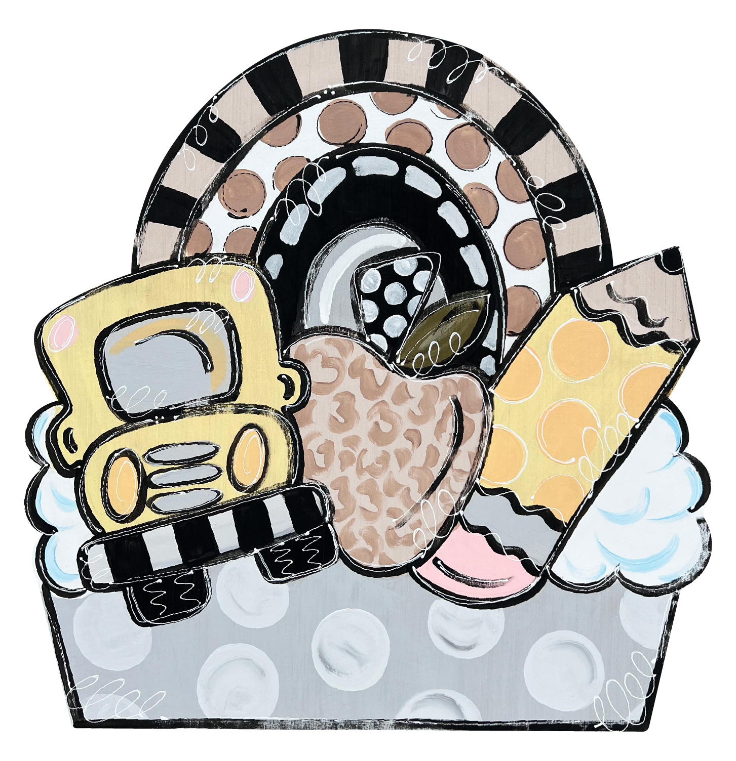 DK DESIGNS GEORGIA NEUTRAL RAINBOW WITH BUS, PENCIL AND APPLE