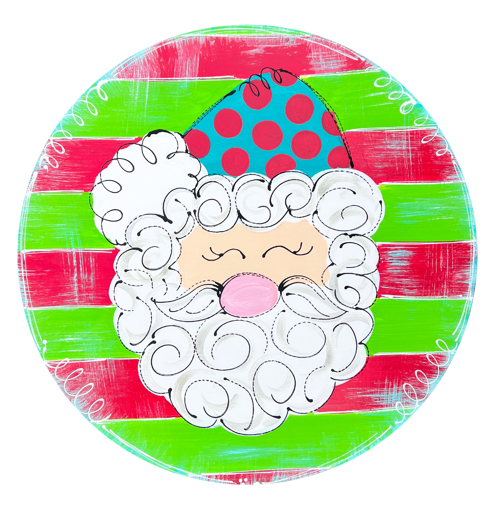 DK DESIGNS GEORGIA CIRCLE WITH RED AND GREEN STRIPES WITH SANTA