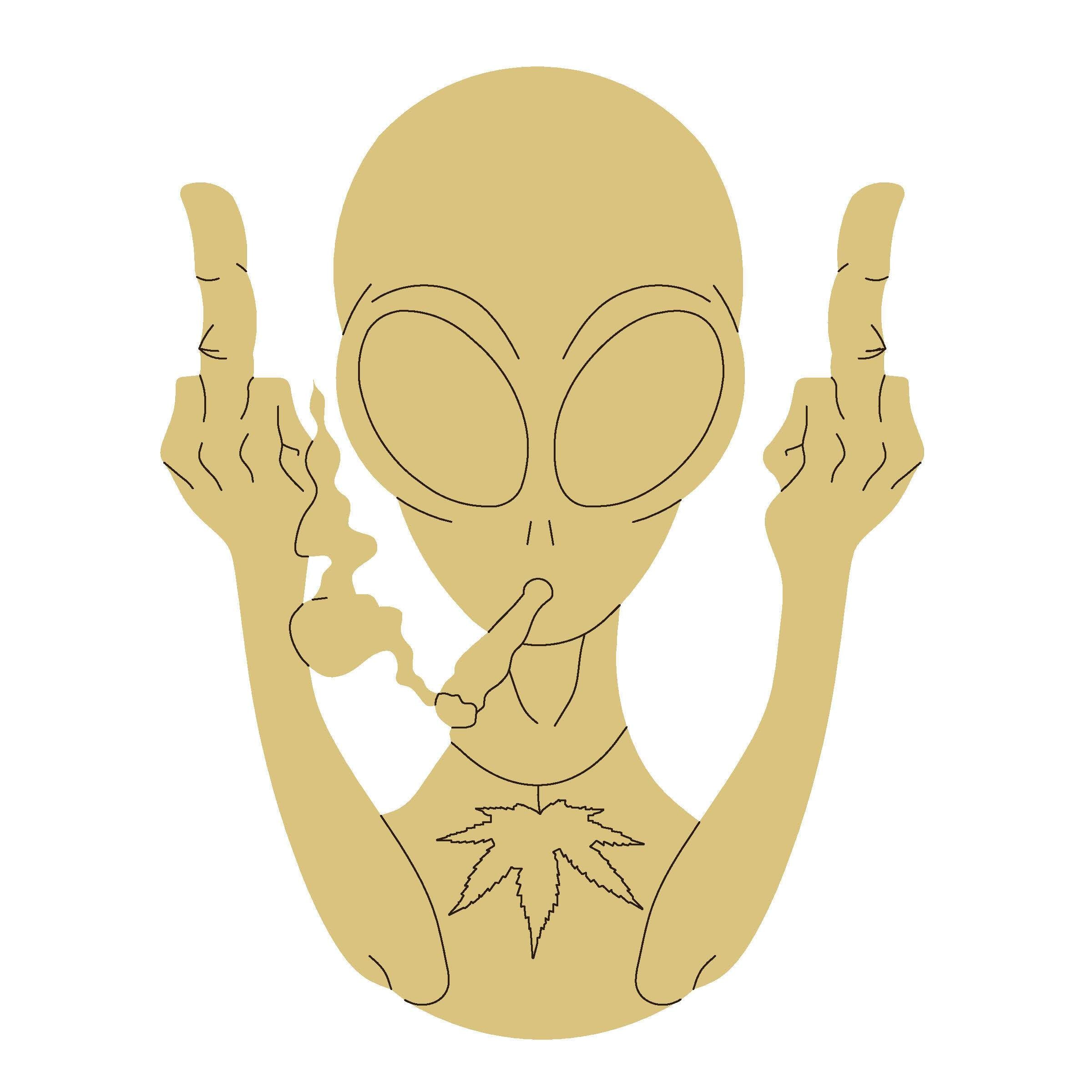 Design By Line Silhouette MDF Cutout Alien With Smoking Pipe And Cannabis  Leaf Chest - Unfinished For DIY