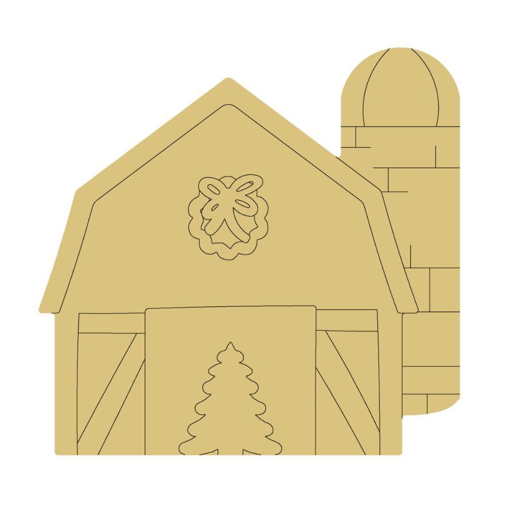 Design By Line Barn MDF Cutout Christmas Scene With Tree And Wreath - Unfinished For DIY