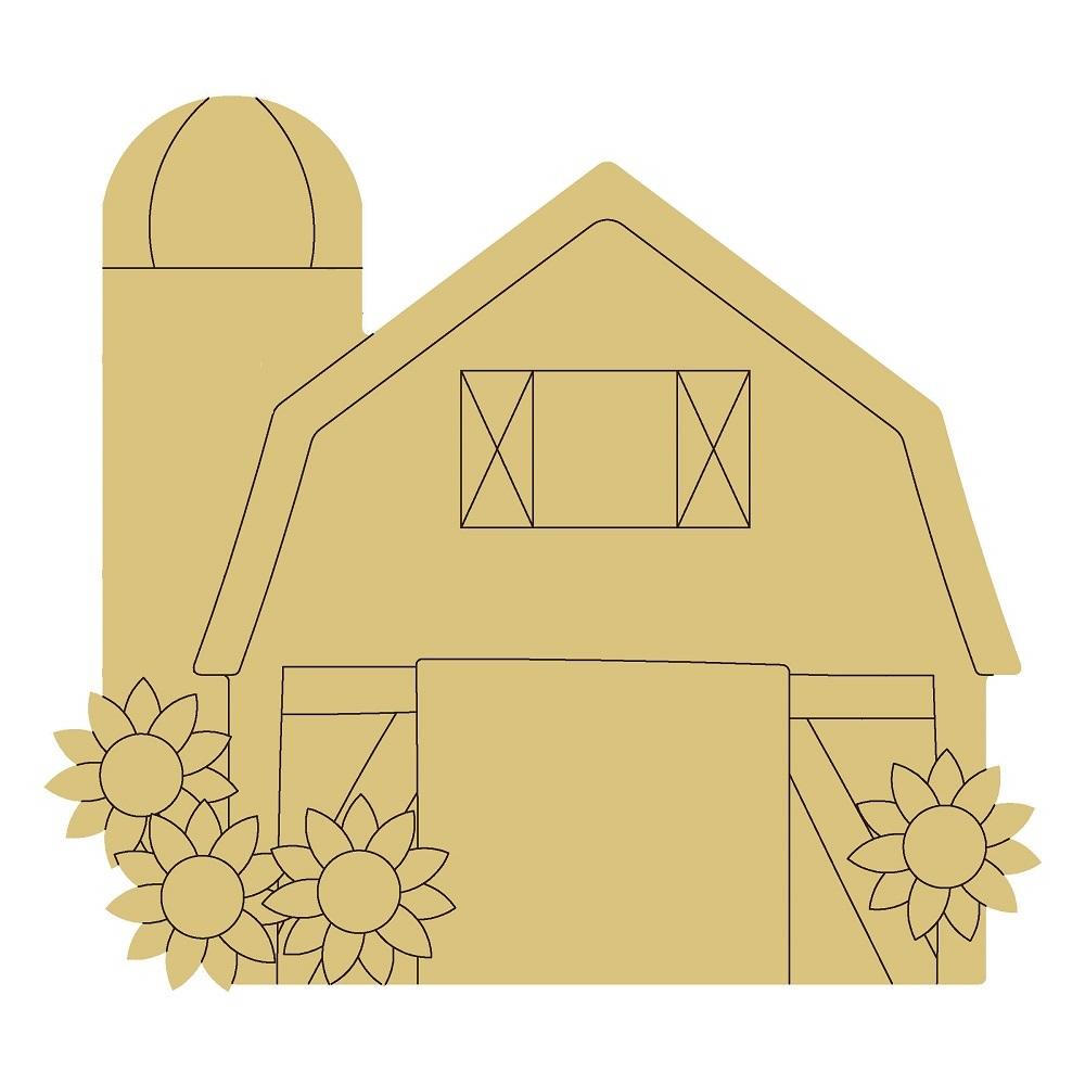 Design By Line Barn MDF Cutout Barn With Silo And Sunflowers - Unfinished For DIY