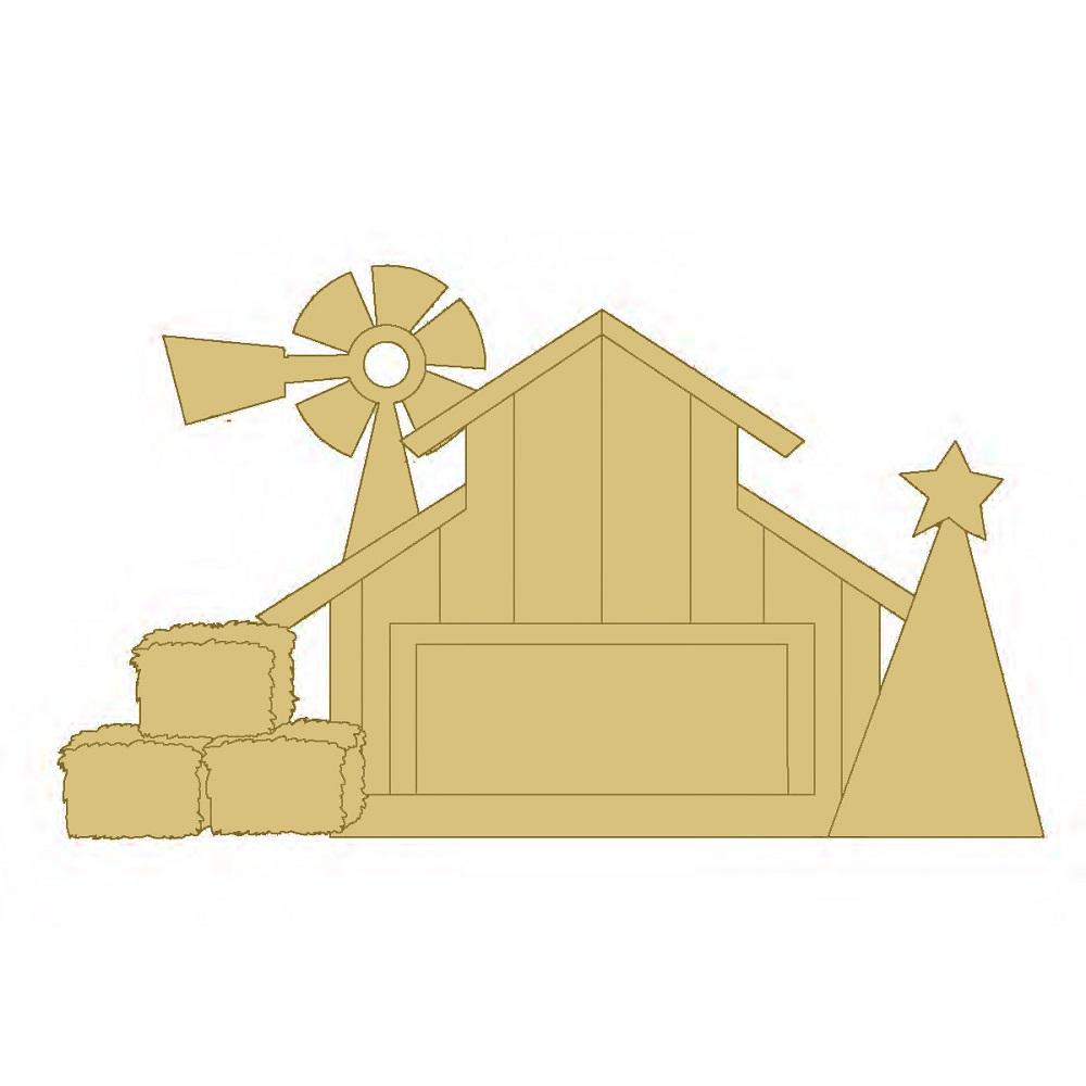 Design By Line Barn MDF Cutout Farm Scene With Windmill And Hay Bales - Unfinished For DIY