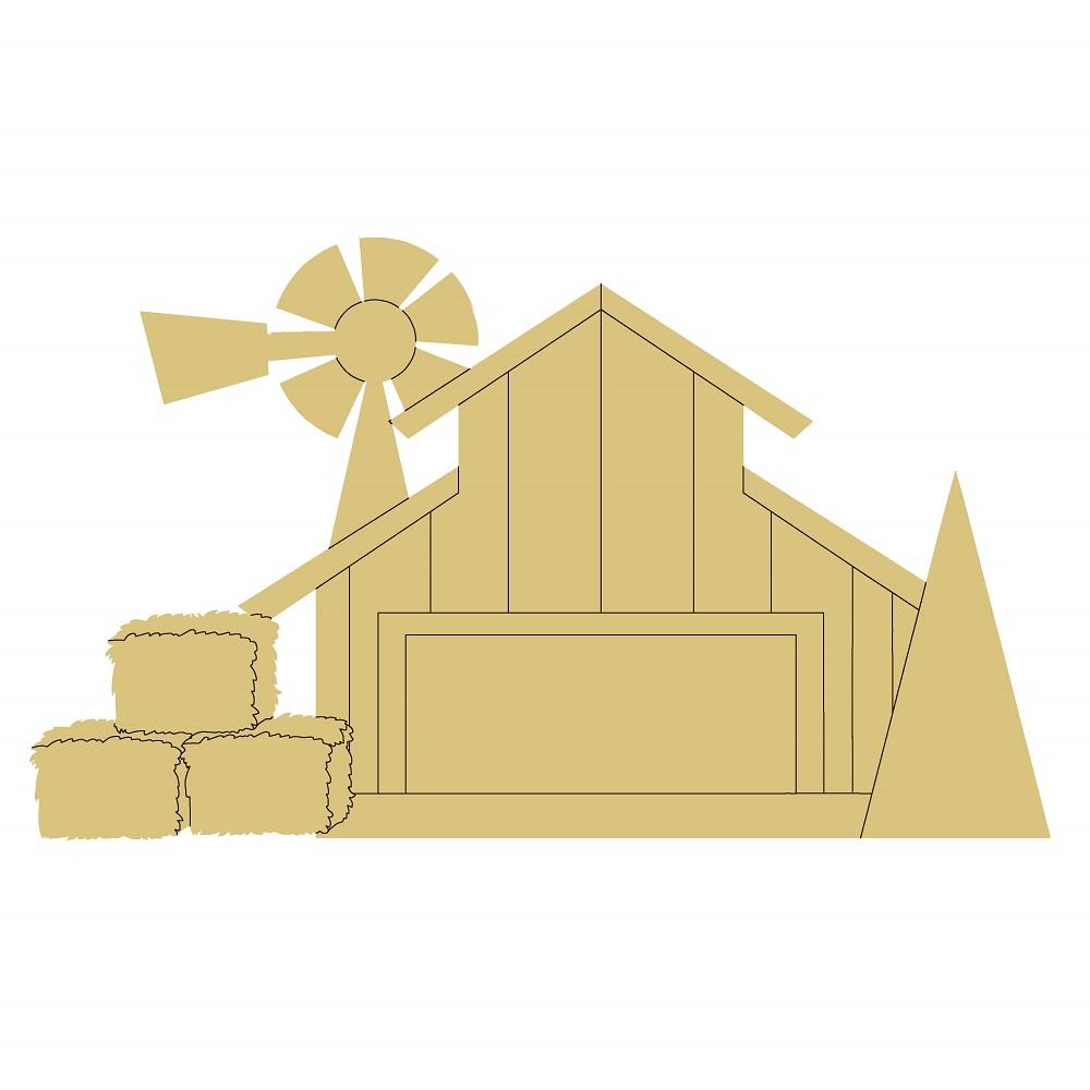 Design By Line Barn Silhouette MDF Cutout With Hay - Unfinished For DIY