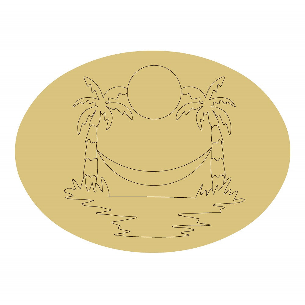 Design By Line Oval MDF Cutout Beach Palm Trees Hammock Sunset Silhouette - Unfinished For DIY