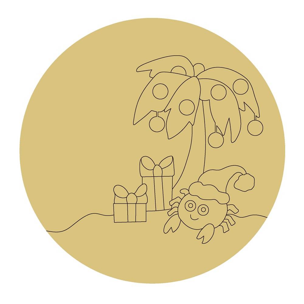 Design By Line Round MDF Cutout Beach Christmas Palm Tree With Presents And Santa Hat Crab - Unfinished For DIY