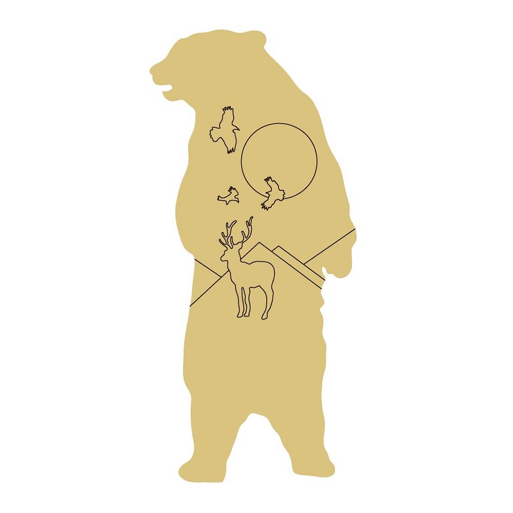 Design By Line Bear MDF Cutout Bear Silhouette With Deer And Birds In Mountain Ridge Scene - Unfinished For DIY