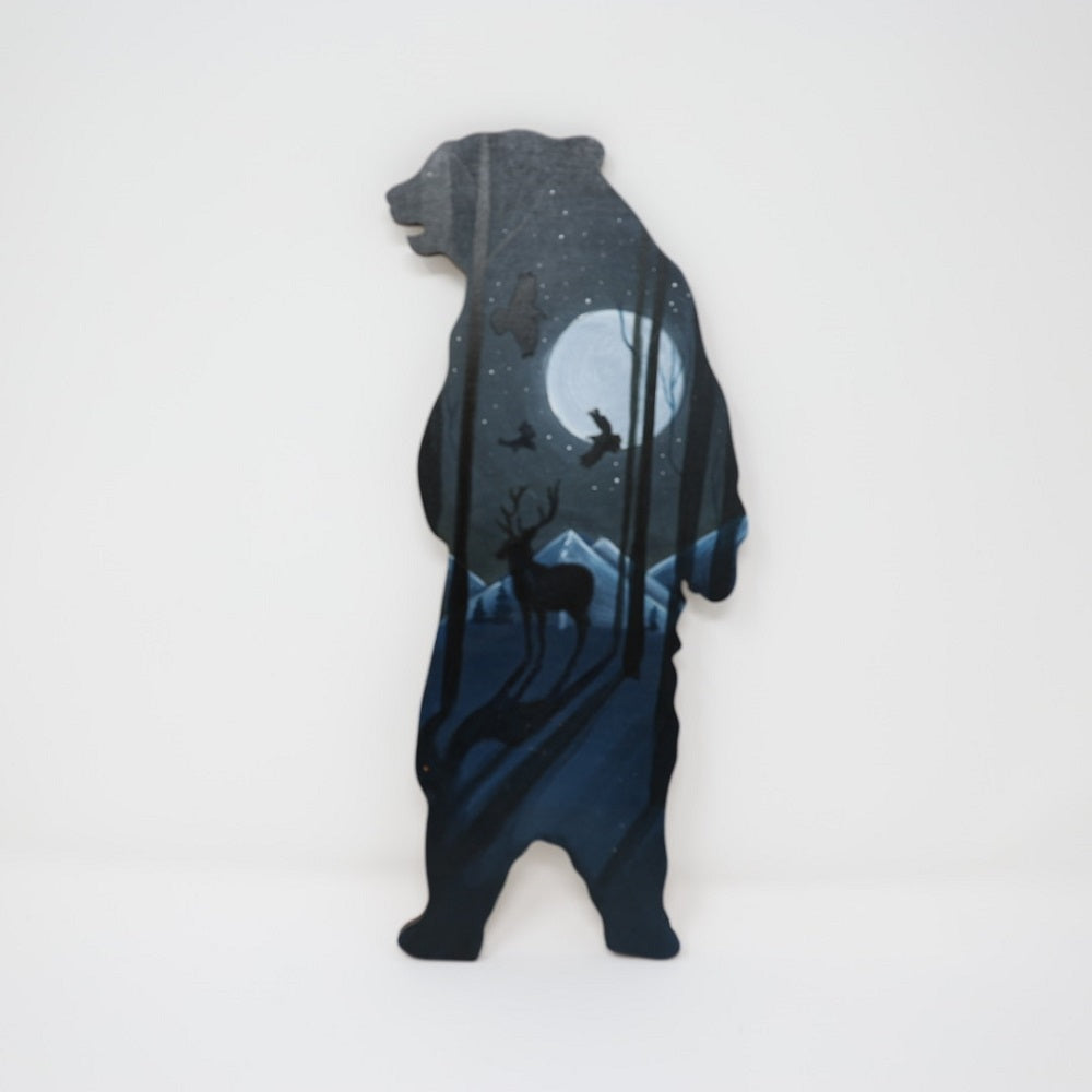 Design By Line Bear MDF Cutout Bear Silhouette With Deer And Birds In Mountain Ridge Scene - Unfinished For DIY