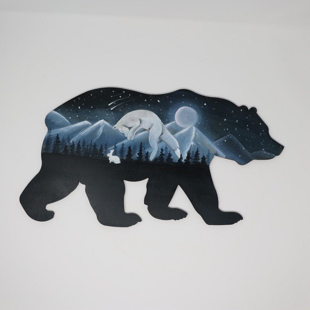 Design By Line Bear MDF Cutout Mountain Landscape Line Art With Bunny - Unfinished For DIY