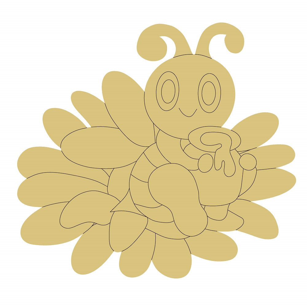 Design By Line Round MDF Cutout Bee Silhouette Sitting on a flower holding a jar of honey - Unfinished For DIY