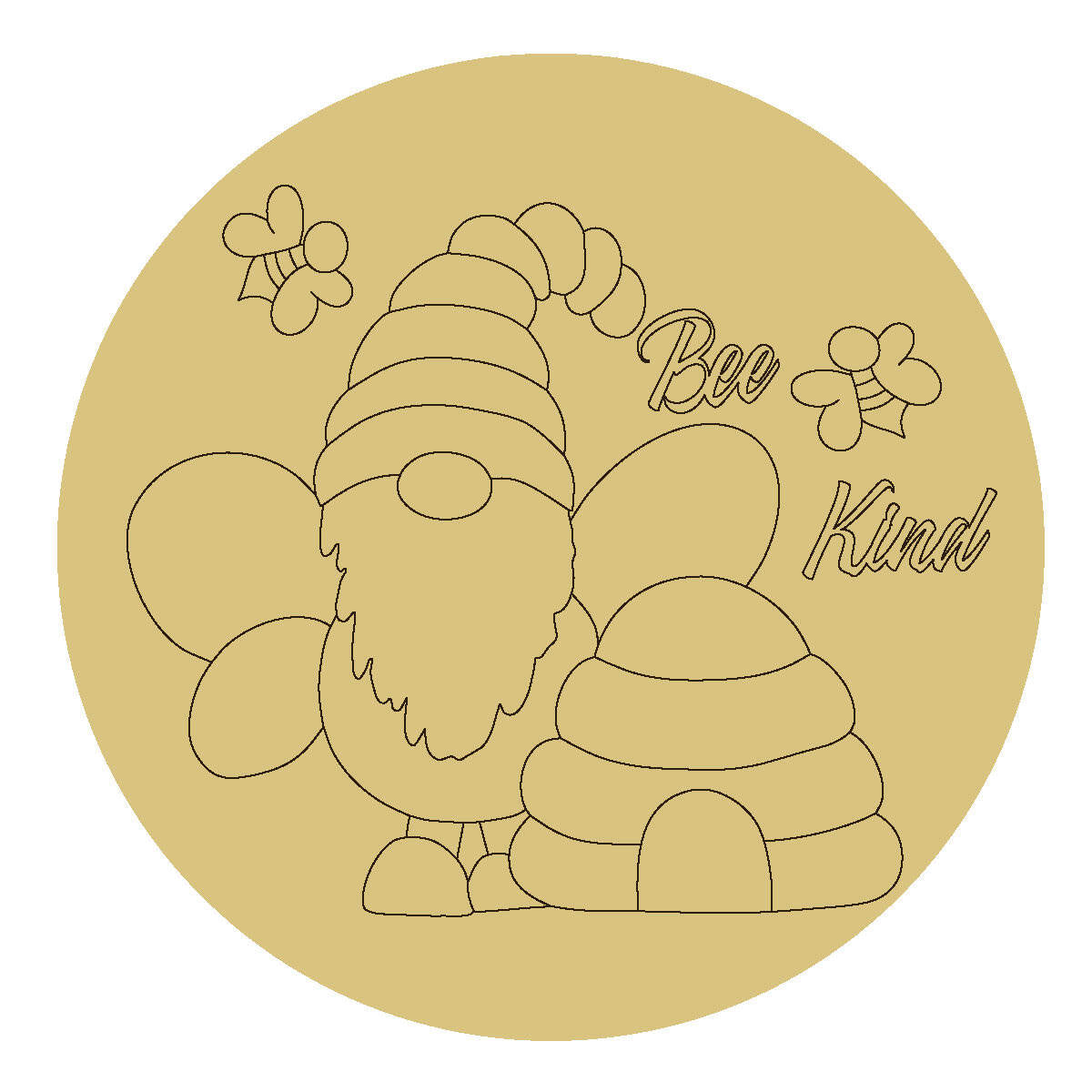 Design By Line Round MDF Cutout Bee Kind Beehive Gnome Scene - Unfinished For DIY