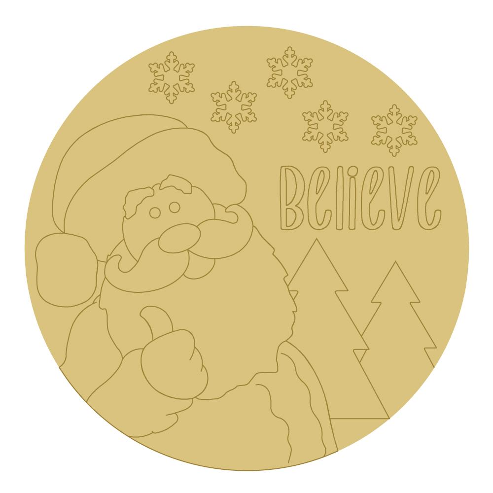 Design By Line Round MDF Cutout Believe Santa With Snowflakes And Pine Trees - Unfinished For DIY
