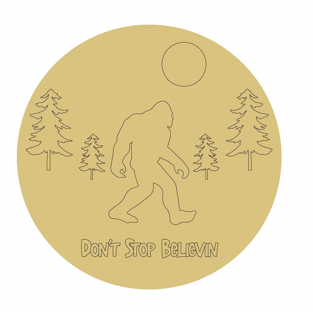 Design By Line Round MDF Cutout Don't Stop Believin Bigfoot In Forest Silhouette - Unfinished For DIY