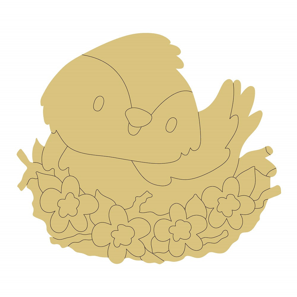 Design By Line Round MDF Cutout Bird In Nest Among Flowers - Unfinished For DIY