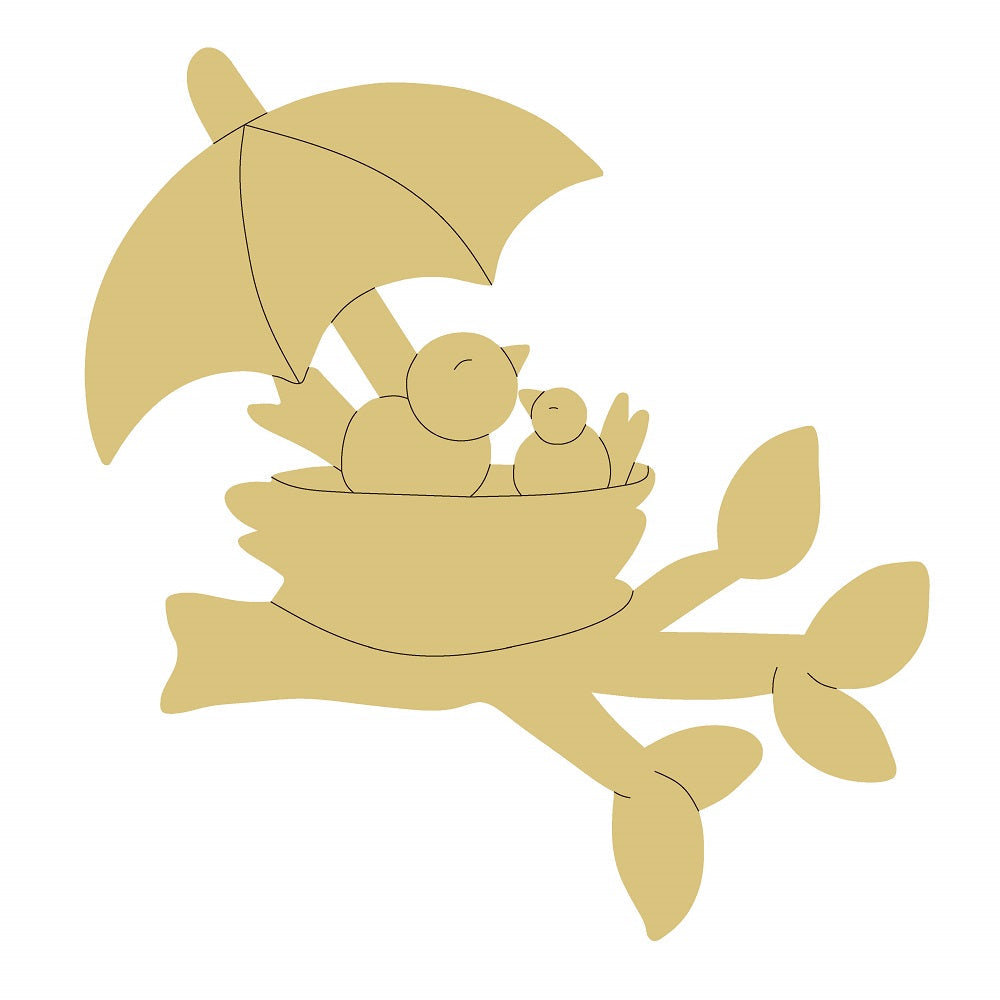 Design By Line Birds On Brach MDF Cutout  With Umbrella In Nest - Unfinished For DIY