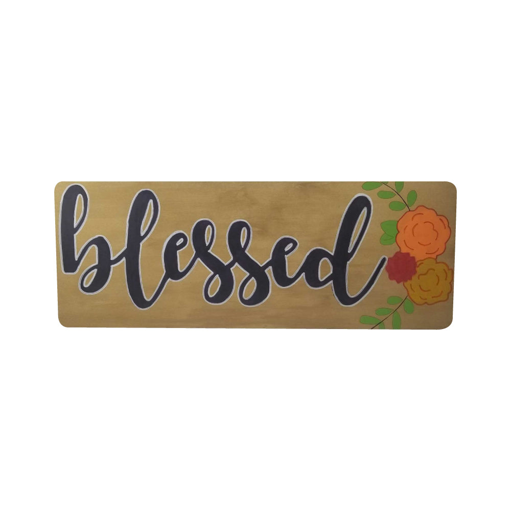 Design By Line Rounded Rectangle MDF Cutout Blessed Script With Floral Corner - Unfinished For DIY