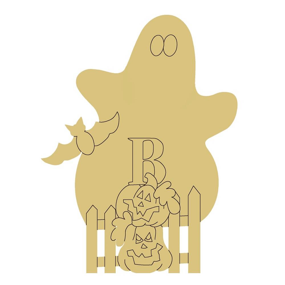 Design By Line Ghost MDF Cutout Boo With Ghost Pumpkin Stack Fence - Unfinished For DIY
