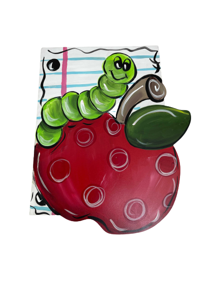 3D Design By Line Worm MDF Cutout With A Paper and Apple - Unfinished For DIY