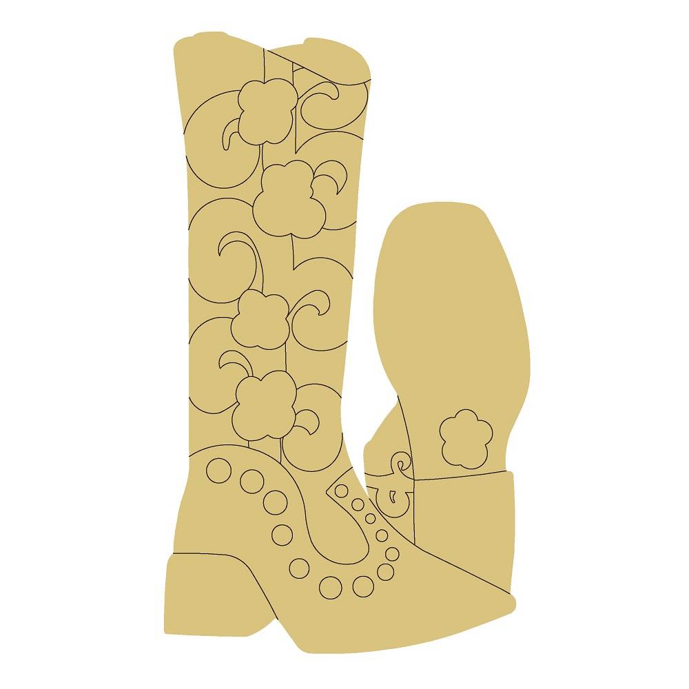 Design By Line Cowboy Boot MDF Cutout Floral Vine Pattern With Flowers And Spur Detail - Unfinished For DIY