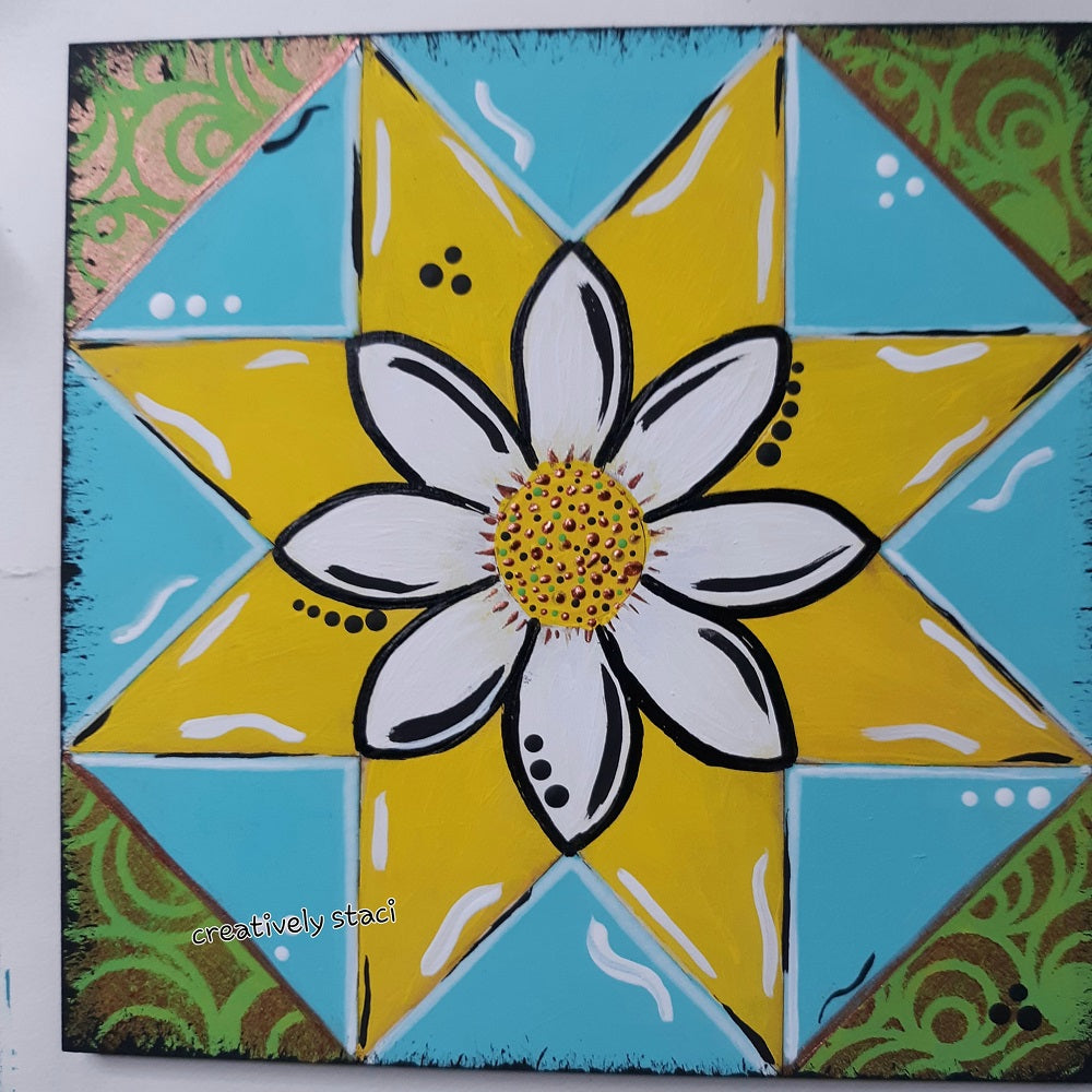 3D Design By Line Barn Quilt Square MDF Cutout Eight-Petal Flower Center In Quilt Block Grid - Unfinished For DIY