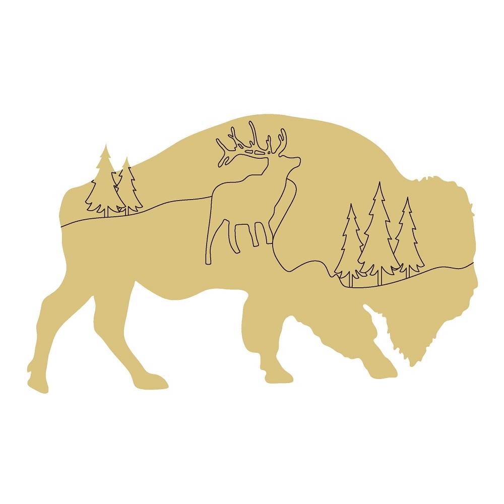 Design By Line Buffalo Silhouette MDF Cutout Landscape With Trees And Mountains - Unfinished For DIY
