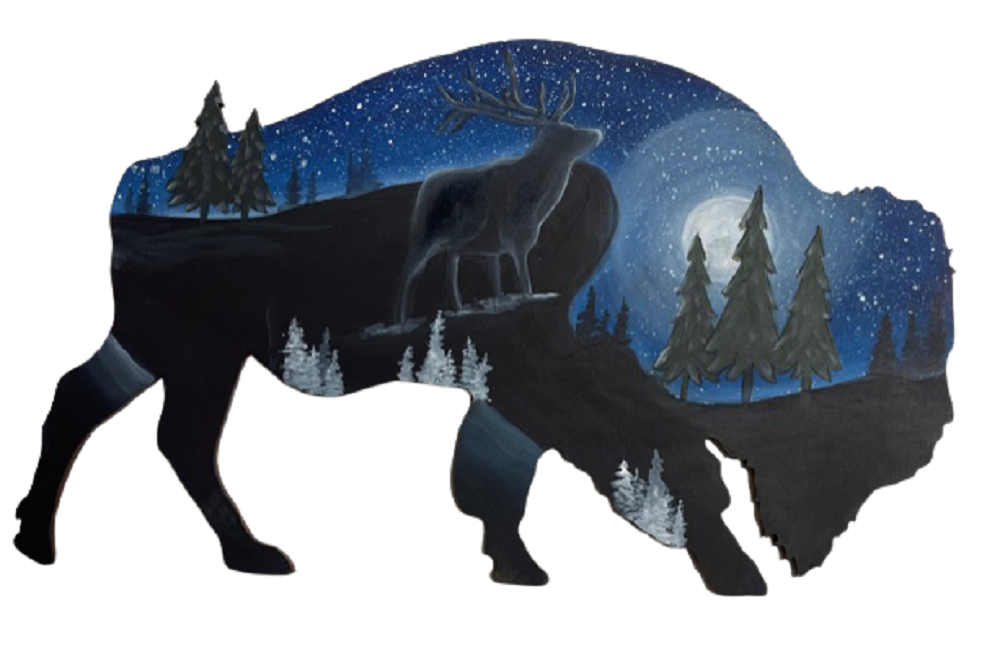Design By Line Buffalo Silhouette MDF Cutout Landscape With Trees And Mountains - Unfinished For DIY